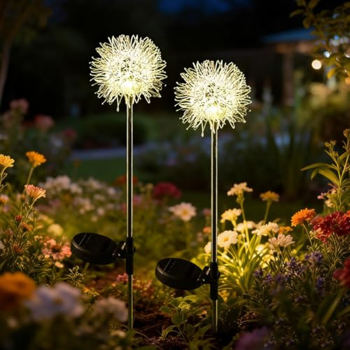 WRQIOO Solar Flower Lights Outdoor Garden, 2 Pack Dandelion Solar Stake Lights Outdoor Garden, Waterproof So-lar Flower Lamps for Courtyard Pathway Flowerbed Patio Lawn Decoration