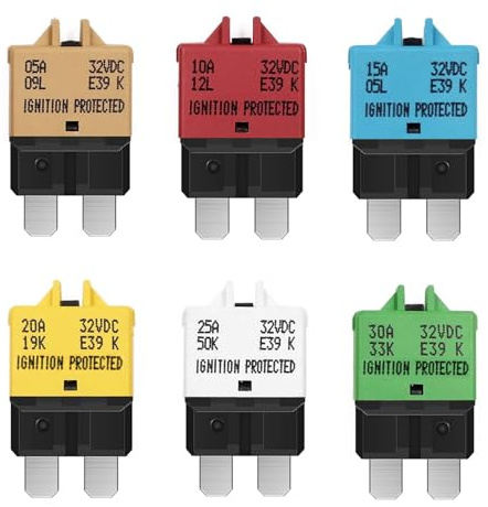 Infreecs 6 Stk Manueller Reset Sicherungsautomat 32V DC, ATC ATO Low Profile Schutzschalter, 5A 10A 15A 20A 25A 30A Manuell zurücksetzbar Leistungsschalter für Kfz Auto Wohnmobil Lkw Boot Motorrad,E39