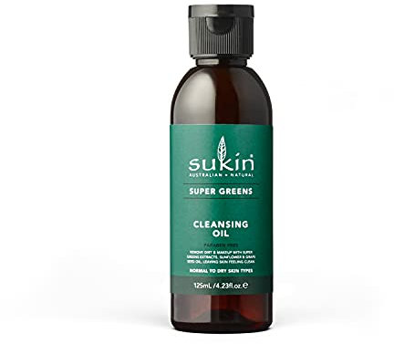 Sukin Super Greens Facial Cleansing Oil 125ml - with Sunflower & Grapeseed Oil; cruelty free & vegan friendly -dissolves makeup & dirt leaving skin hydrated.