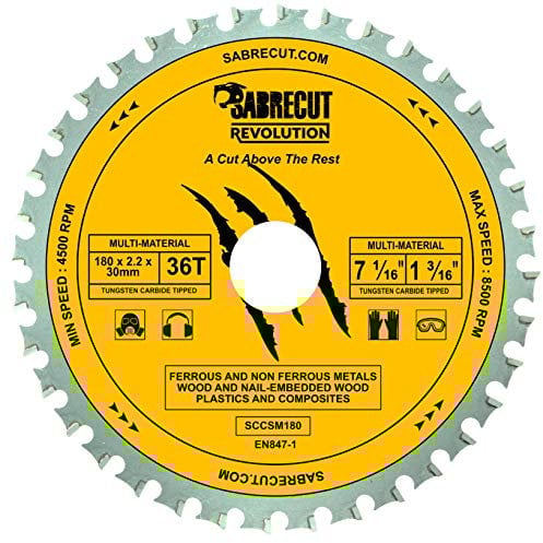 SabreCut SCCSM180_36 - Lama per sega circolare in metallo plastica 180 mm 36 T x 30 mm 25,4 mm 20 mm 16 mm con foro multimateriale in legno compatibile con Bosch Dewalt Milwaukee e altri