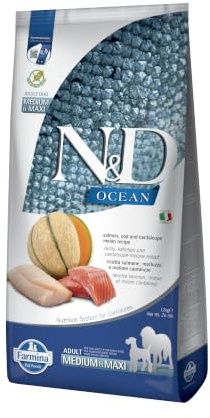 Farmina N&D Ocean Adult Medium Pellets Hundefutter (Trockenfutter, mit hochwertigen Vitaminen und natürliche Antioxidantien, ohne Mais, Zutaten: Lachs, Kabeljau und Melone, Portionsgröße: 12 kg)