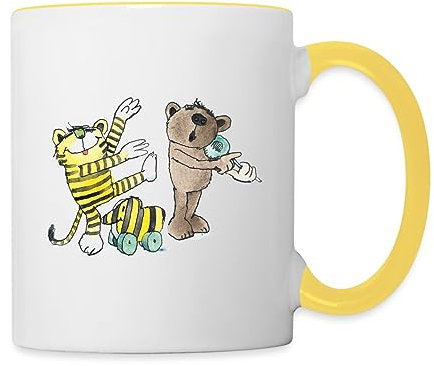 Spreadshirt Janosch Tiger und Freunde Machen Musik Tasse Zweifarbig, One size, Weiß/Gelb