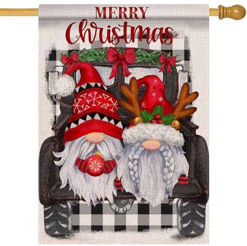 Covido Home Dekorative Weihnachtsmann-Wichtel, Hausfahne, Garten, Hof, Weihnachten, LKW, Geweih, schwarzer Büffel, kariert, Außendekoration, Winterfarmhaus, Outdoor, doppelseitig, 28 x 40 cm