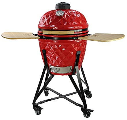 Kamado - Barbacoa de carbón inspirada en la cocina tradicional japonesa - Parrilla 21 - Multifuncional: Para hornear, asar, ahumar, cocinar a fuego lento - diseño novedoso - Cerámica - Diamond (Rojo)