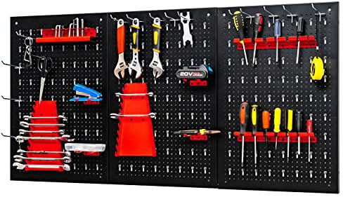 GOPLUS Panneau Mural pour Rangement d’Outils Perforé, 28 pcs Crochets, 120 x 2 x 60 cm, Noir+Rouge