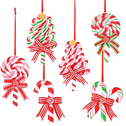 GWHOLE 6pcs Christmas Lollipop Ornaments Glitter Candy Cane Ornaments Christmas Tree Lollipop Hanging Ornaments Candy Cane Decorations Red and White Pink Christmas Decorations for Tree