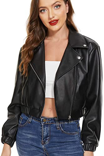 Fahsyee Chaqueta de piel sintética para mujer, abrigo corto de motocicleta negro, chaqueta de motociclista de talla grande, chaquetas casuales de cuero de moda, Negro, Large