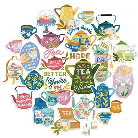 Navy Peony Calming Tea Stickers (26 Pieces) - Relatable Quotes, Gouache Style, Waterproof | Cute Tea Party Stickers for Cups, Laptops, and Journals