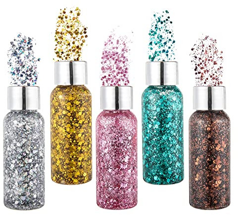 Face Body Glitter Gel, 5 Colors Mermaid Sequins Chunky Glitter Body Gel, Liquid Sparkling Eyeshadow, Face Glitter, Eye Glitter, Body Glitter, Hair Glitters for Stage, Festival, Party Makeup