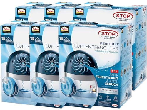 Pattex AERO 360º Luftentfeuchter, ultra-absorbierend, hilft Kondenswasser, Schimmel- und Modergeruch zu vermeiden, nachfüllbarer Raumluftentfeuchter, 6x 1 Gerät inkl. 1 Nachfülltab 450g