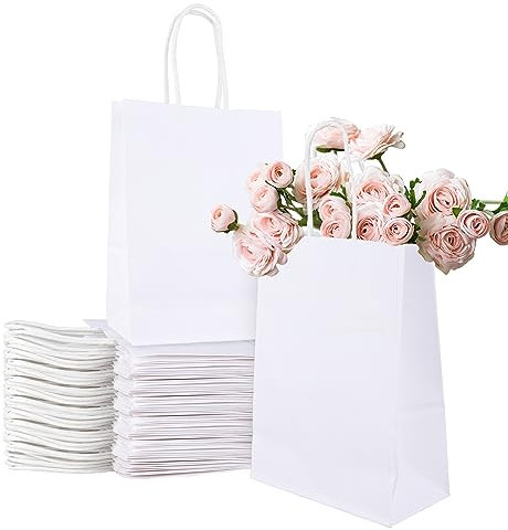 50 Stück Geschenktüten Klein 15x8x21cm Papiertüten mit Henkel Weiße Kleine Papiertüten Mini Papiertragetaschen aus Kraftpapier Mini Kraftpapiertüten für Weihnachten, Partys, DIY, Ostern