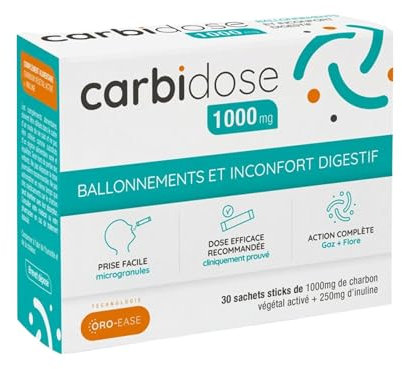 Carbidose Charbon Végétal Actif Hautement Dosé - 1 Sachet = 1000mg + 250mg d'Inuline - Action Ciblée BREVETÉE - Complément Alimentaire Ballonnements, Ingrédients Naturels (1)