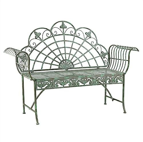HASMI Garten Bänke Terrassenbank im rustikalen Retro-Stil, antikgrüne 57,4-Zoll-Gartenbank aus Gusseisen, klappbarer Freizeitstuhl for 2 Personen for den Veranda-Hinterhof-Park Outdoor Bänke