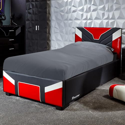 X-Rocker Cerberus Ottoman MKII Gas Lift Upholstered Platform Bed Frame with Storage, Ottoman Gaming Bed with Hydraulic Lifting Under Bed Storage for Kids Juniors Gamers, Single 3ft - RED BLACK WHITE