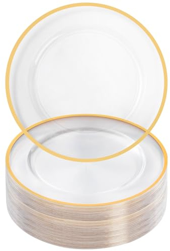 Goodluck 12 Inch Charger Plates, 50 Pack Clear Charger Plates with Gold Trim, Plastic Charger Plate Bulk for Dinner, Wedding, Party, Event Decoration, Clear&Gold
