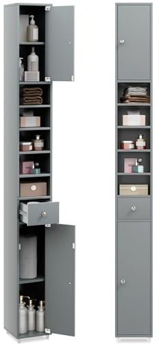 COSTWAY Meuble de Rangement Salle de Bain, Meuble Colonne avec 2 Placards à Porte, 1 Tiroir et 6 Étagères Réglables, Armoire de Toilette, 20 x 20 x 180 cm, Gris