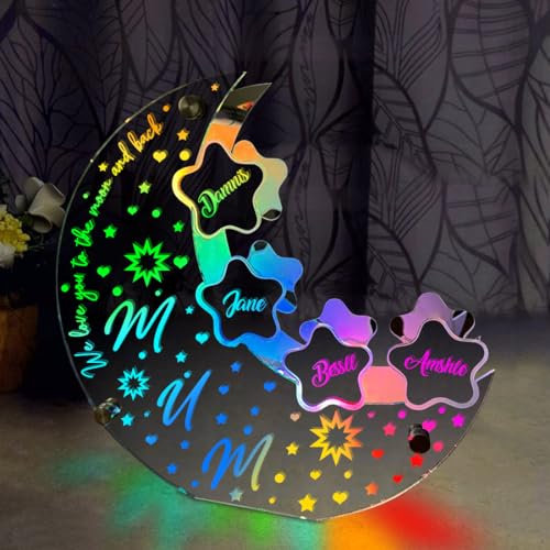 ASD Jewerly Personalisierte Namen Mama Mond Spiegellicht, individuelle Muttertag Mond und Stern Nachtlicht mit Namen, Muttertag Mond und Sterngeschenke, Muttergeschenke (Mond-01)