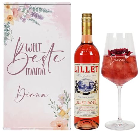 Herz & Heim® Geschenkset für die Weltbeste Mama mit graviertem Glas, Geschenkbox und Lillet (Rosé)