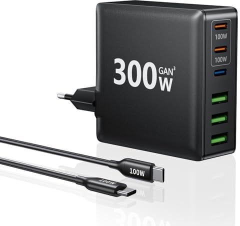 HSSNS 300W USB-C Ladegerät, 6 Port USB Ladegerät Mehrfach Schnellladegerät mit 3 USB-C und 3 USB-A, GaN PD Ladegerät USB C für MacBook iPad Pro/Air, iPhone 16 15 Pro Max, Samsung usw.
