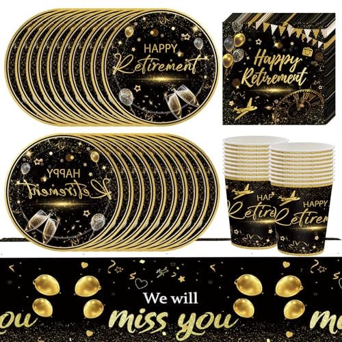 61Pcs Black & Gold Retirement Tableware Set - Disposable Plates, Cups, Napkins, Tablecloths for Farewell Party Gifts