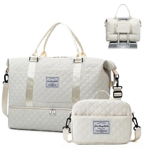 Quirkademy Reisetasche Damen, Sporttasche Groß mit Schuhfach & Nassfach, Wasserdicht Weekender Handgepäck Tasche mit Kosmetiktasche, Trainingstasche Schwimmtasche Duffle Bag Saunatasche (Weiß)