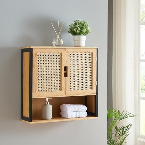 [en.casa] Badezimmerschrank Tervola Hängeschrank für Bad Schwarz Bambus Badschrank hängend mit 2 Türen Wandschrank 60 x 60 x 20 cm