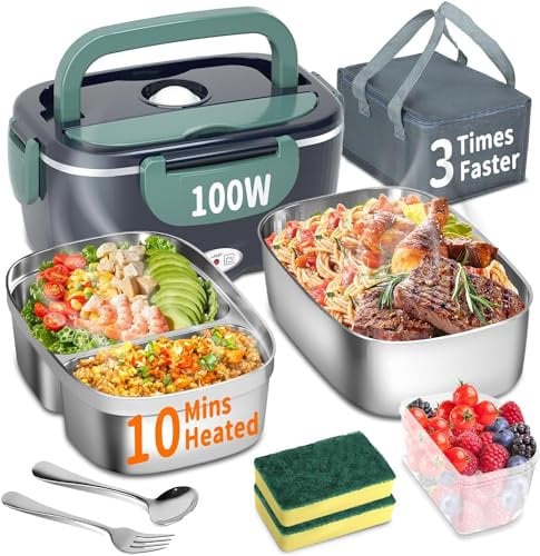 Elektrische Lunchbox 100W, 3-in-1 tragbare beheizte Lunchbox, Herausnehmbare Edelstahl-Brotdose, 12V/24V/220V Isolierte Wärmebox für Auto/Lkw/Büro, Mit isolierter Tasche und Schwamm (Blau, 1.5 L)