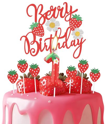 Erdbeere 1 Geburtstagskerzen, rote Erdbeere Nummer 1 Kerze für Kuchen, rote Beere Geburtstagskuchenaufsätze mit weißen Blumen, Erdbeer Themen für Mädchen und Jungen 1st Geburtstag Dekorationen