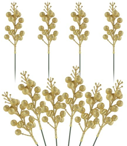 Abeillo 10 Stück Künstliche Beere Weihnachten Deko, Glitzer Gold Beeren Stiele, Zweige Künstliche, Künstliche Beeren für Weihnachtsbaum Dekoration DIY Handwerk Hochzeit Ferienzeit Winter Dekoration