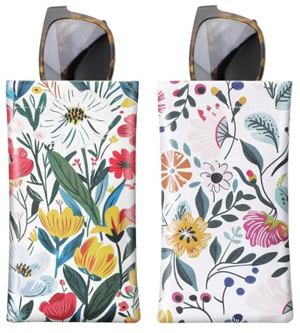 MoKo Weiches Brillenetui, 2 Stück Tragebar Sonnenbrillen Etui PU Leder Anti-Kratzer Sonnenbrillen Aufbewahrungstasche mit Reinigungstuch, Blumen