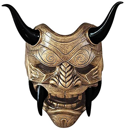 XingGYY Japanischer Samurai Oni Maske Cosplay Prajna Maske Dämonen Gesichtsabdeckung Ghostface Horror Maske Halloween Deko Kostüm Masken Geschenke für Erwachsene und Kinder (Gold)