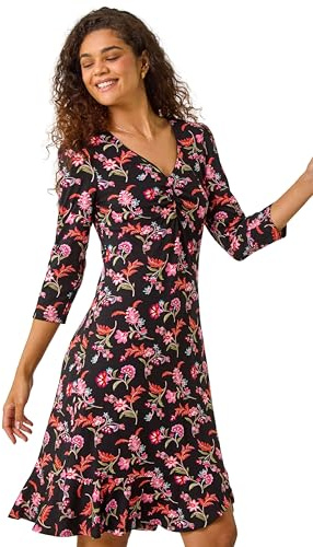 Roman Originals Tea Dress for Women UK Ladies Skater Swing Fit & Flare Flattering Summer Knee Length Frill Hem Ruched Chest Casual Smart Cocktail Party Going Out - Noir Pink - Size 20
