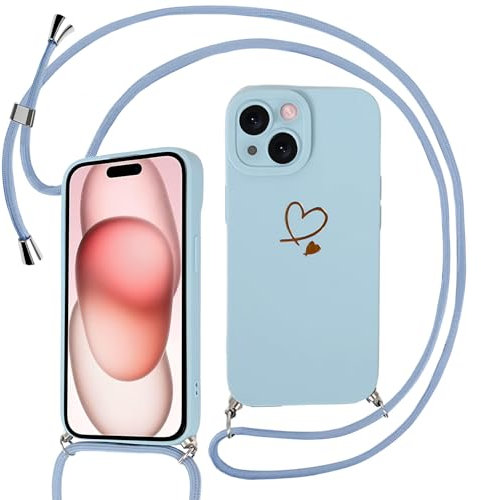 Sunily Handyhülle für iPhone 15 Hülle mit Band, Handykette für iPhone 15 Hülle Herz Muster für Mädchen Ultra Dünn TPU Silikon Stoßfes Schutzhülle mit Kordel zum Umhängen, Blau