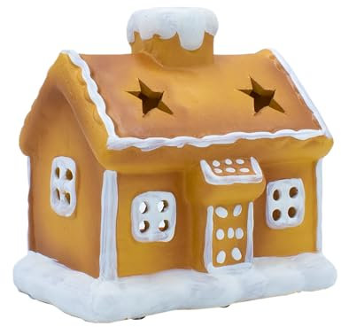 Terracotta Windlicht Lebkuchenhaus - 14 cm - Weihnachtsdeko Keramik Kerzen Halter - Weihnachten Advent Tisch Dekoration Teelichthalter