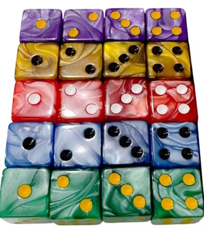 JEXOWIQ Set di dadi,20 pezzi di dadi, dadi colorati da 16 mm per giochi di dadi, 5 colori, dadi a 6 facce, dadi traslucidi D6, giochi da tavolo,insegnamento della matematica, regali
