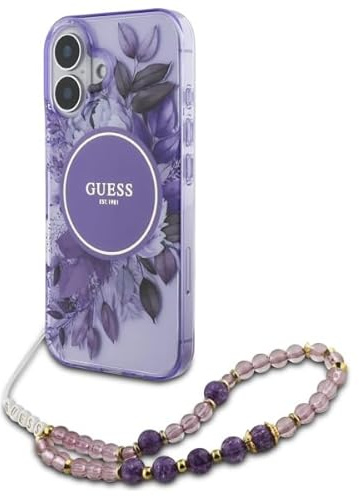 CG MOBILE Guess GUHMP16SHFWBRCESU Hülle für iPhone 16 6.1 lila hardcase IML Flowers with Pearl Strap