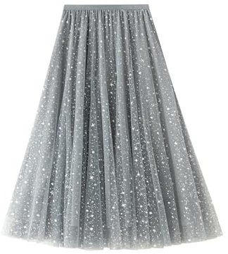 Damen Glitzer Tüllroc, A-Linien Rock mit hoher, Eleganter Tüllrock Lang Paillettenrock Mesh Elegant Tüll Plisseerock (DE/NL/SE/PL, Bundweite, L, Regular, Regular, Gemeinsame Größe)