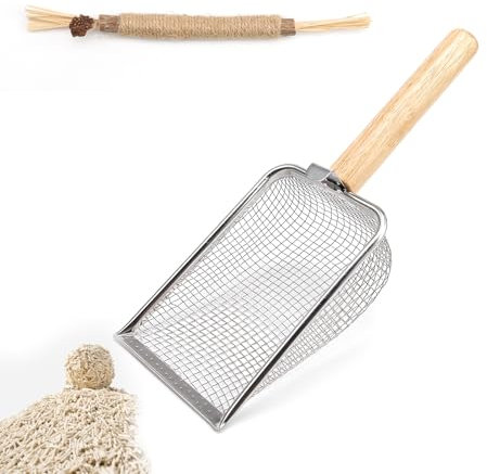 HUANR Metal Pala Arenero Gato, Acero Inoxidable Pala para Arenero Gatos, 6 Mallas Pala Arena Gatos, con Juguete para Gatos, Mango de Madera Pala para Gatos, para Bandeja Sanitaria