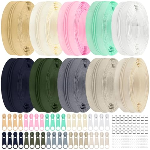 DOITEM 2,8 mm Reißverschlüsse 28 m Nylon-Endlos-10 Farben Reißverschluss-Set mit Schieber und Reißverschluss zum Nähen und Basteln