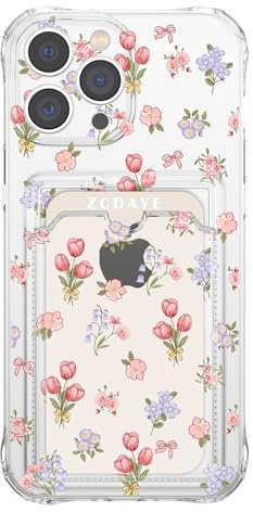 ZCDAYE Floral Clear Case for iPhone 13 Pro Max with Card Slot, Tulips | Aesthetic Girly Cute Flowers Printed Phone Case, Soft Slim Fit Card Case with Card Holder, Woman Protective Cases Phone Cover