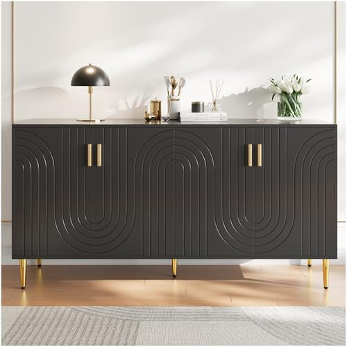 Zubaliya Buffet Salle a Manger Moderne 152 x 40 x 75 cm,au Design ondulé Unique et aux poignées et Pieds dorés,Buffet Cuisine,Armoire de Rangement,Noir