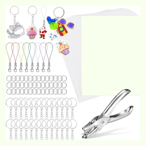 Vocdikficy 229-Teiliges Schrumpffolien-Set, Schrumpfpapier-Schlüsselanhänger-Set mit 20 Blättern Schrumpfpapier, Locher und Schlüsselanhänger