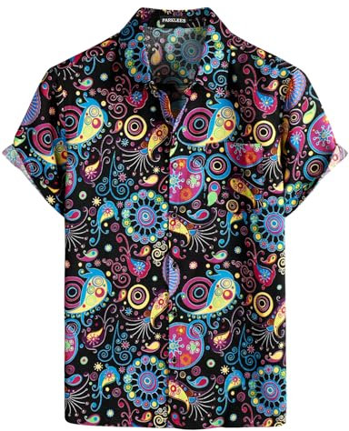 PARKLEES Men's Linen 70s Hippie Style Floral Print Shirt Short Sleeve Button Down Hawaiian Shirts Multicolor Large