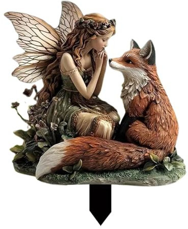 2D Acryl Gartendeko Feen-Mädchen und Fuchs Gartenstecker Märchengarten Elfenfigur Dekostecker Feengarten Gartenfigur Blumenstecker Erdstecher Feenfiguren Gartenschilder Elfe-Fee Dekofigur Stecker (A)