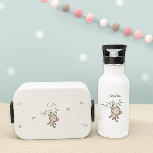 hellomini Personalisierte Mepal-Lunchbox & Edelstahl-Trinkflasche 500ml Set mit Wunschname & Tiermotiv – Brotzeitbox & Trinkflasche Kinder Schule Kita Geschenk (Affe, Weiß)
