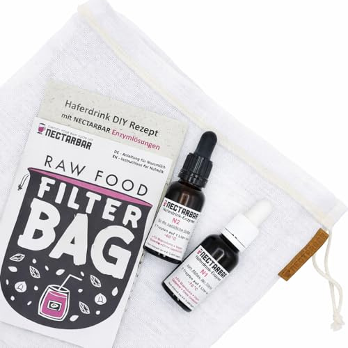NECTARBAR Enzym-Set N1 + N2 • Haferdrink & Getreidedrink selber herstellen Enzymlösungen, mehrere Amylasen zur Stärkeaufspaltung (+ Leinen-Filterbeutel, Für 200 Liter • 2 x 20 ML)