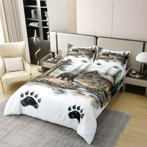 Manfei Juego de ropa de cama de oso para niños, 100 % algodón, diseño de garra de oso animal, funda de edredón rústica de granja, color blanco y amarillo, 2 fundas de almohada (sin edredón)