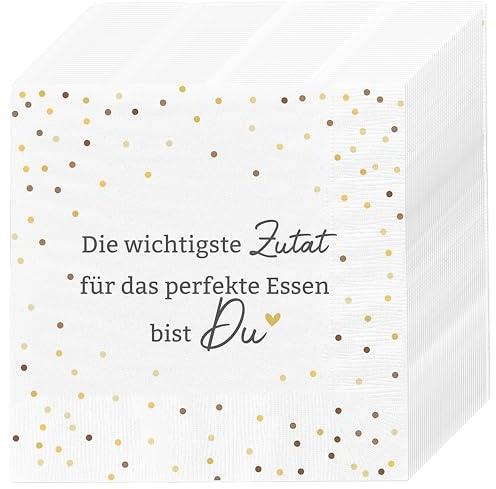 Servietten 'Zutat' 80er Set | 33x33cm 3-lagig Papierserviette weiß gold schwarz Punkte | Tischdeko für Freunde und Familie (1 x 80er Set Servietten Zutat)