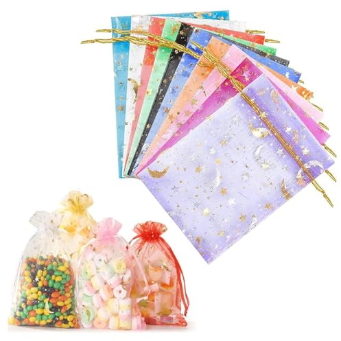 100 Stück Organzasäckchen Weihnachten, Mehrfarbig Organzasäckchen, Organzasäckchen 7x9 CM mit Zugband, Vielseitige Organzasäckchen für Geschenke, Party & Weihnachten