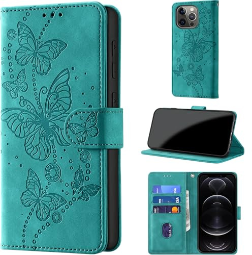 for iPhone 13 Pro Max Wallet Case Flip, Turquoise | RFID Blocking, 3 Card Holder Stand, Shockproof TPU Shell, PU Leather Magnetic Closure